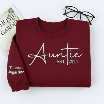 Custom Auntie Embroidered Sweatshirt - Personalized Aunt Hoodie with Kids Names