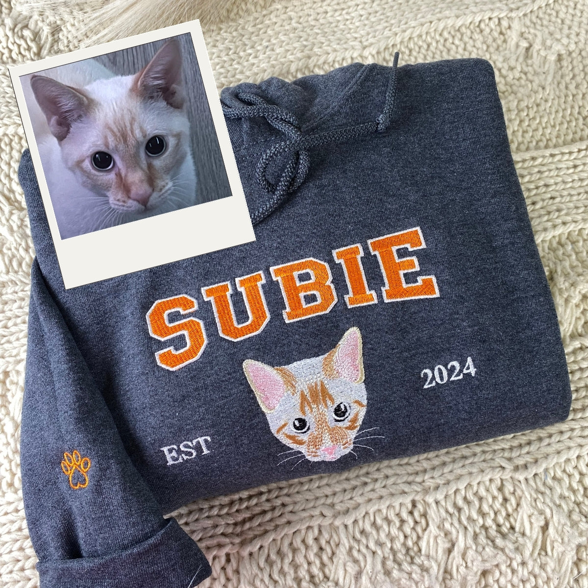 Custom Cat Portrait Embroidered Hoodie - Personalized Pet Varsity - Cat Anniversary Gift