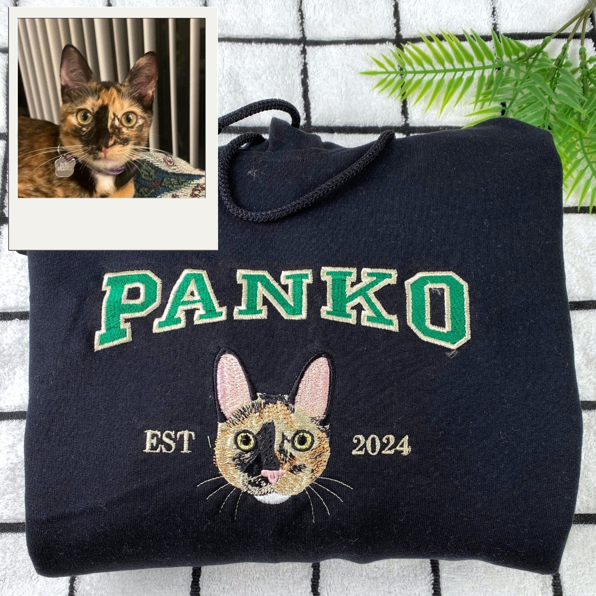 Custom Cat Portrait Embroidered Hoodie - Personalized Pet Varsity - Cat Anniversary Gift