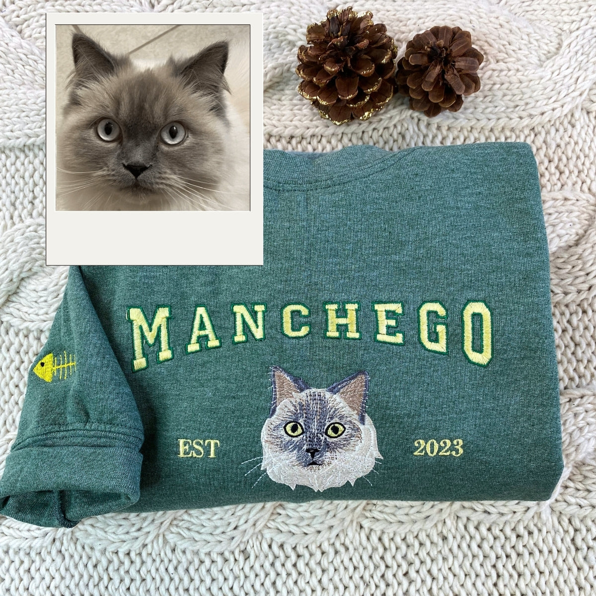 Custom Cat Portrait Embroidered Hoodie - Personalized Pet Varsity - Cat Anniversary Gift