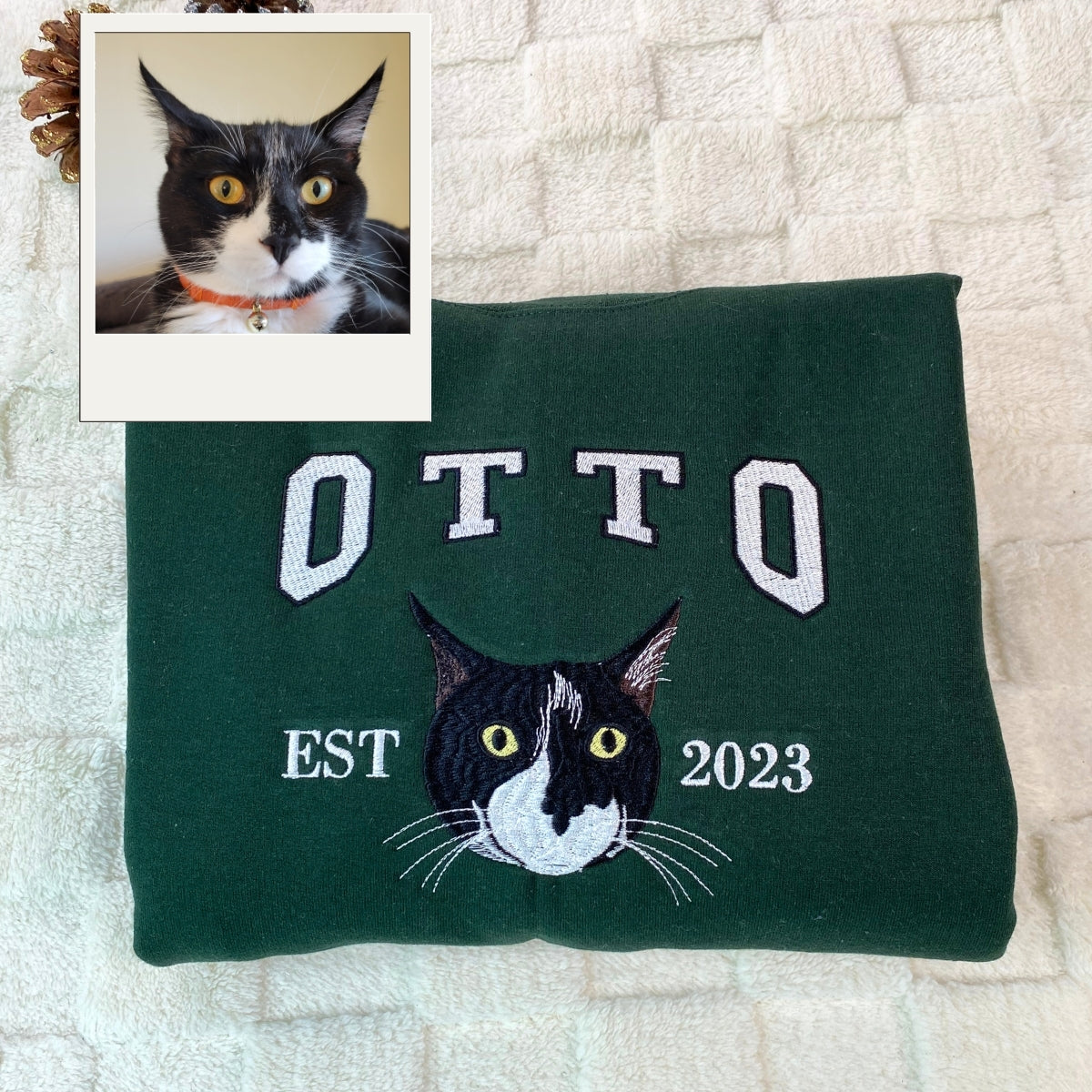 Custom Cat Portrait Embroidered Hoodie - Personalized Pet Varsity - Cat Anniversary Gift