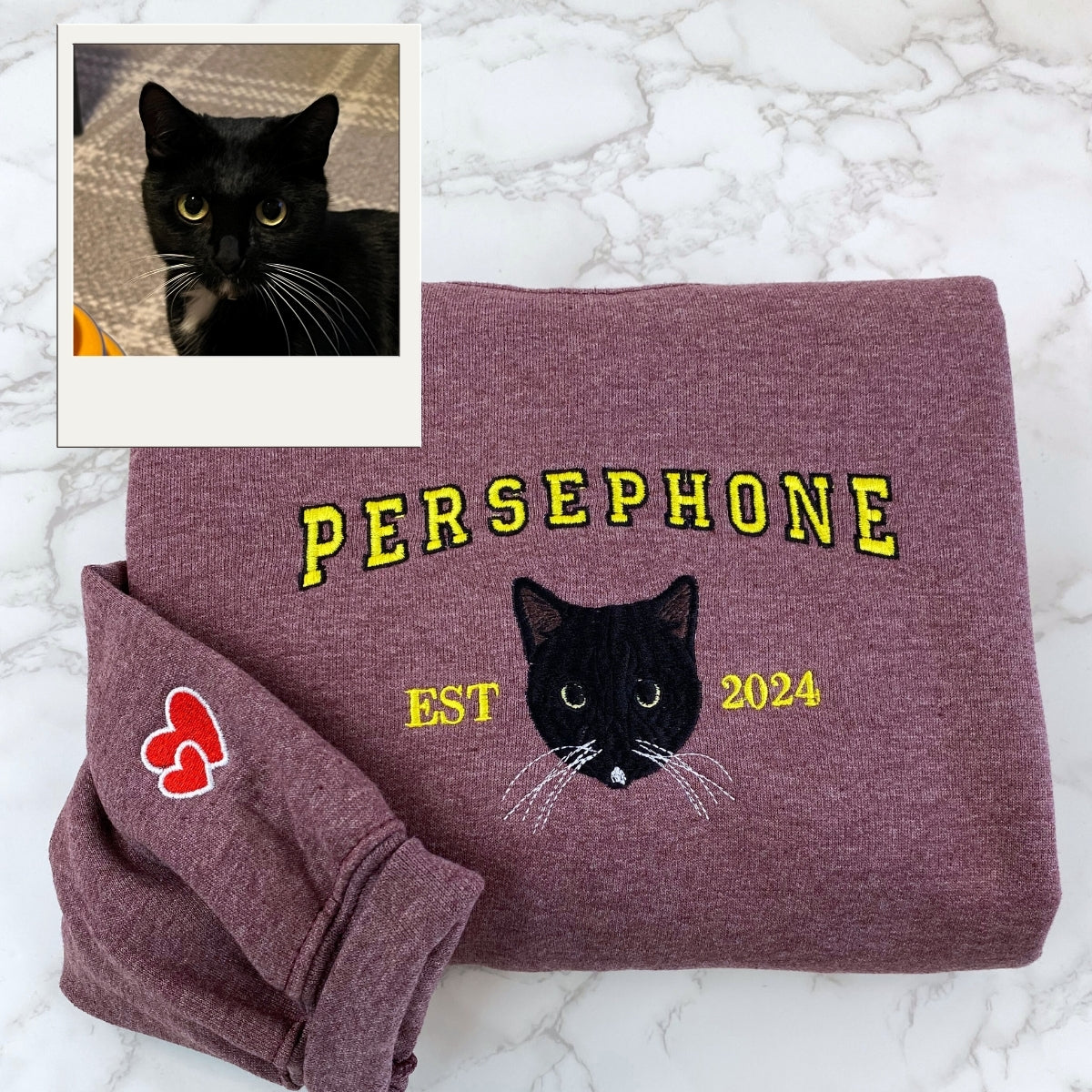 Custom Cat Portrait Embroidered Hoodie - Personalized Pet Varsity - Cat Anniversary Gift
