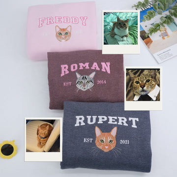 Custom Cat Portrait Embroidered Sweatshirt - Personalized Varsity Cat Face Hoodie - Cat Lover Gift