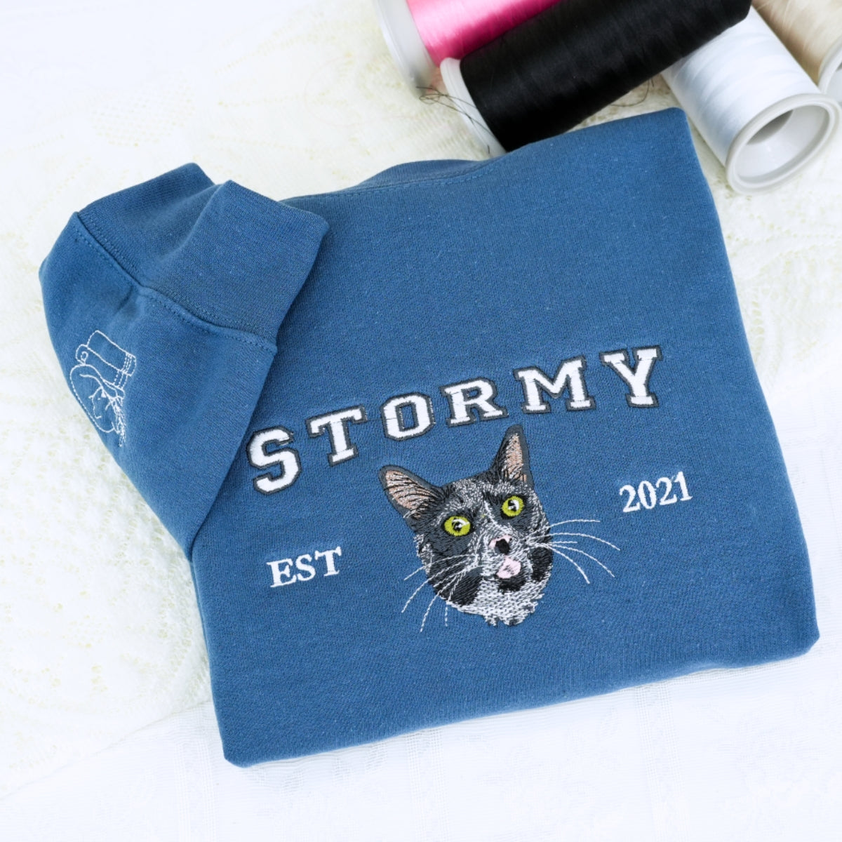 Custom Cat Portrait Embroidered Sweatshirt - Personalized Varsity Cat Face Hoodie - Cat Lover Gift