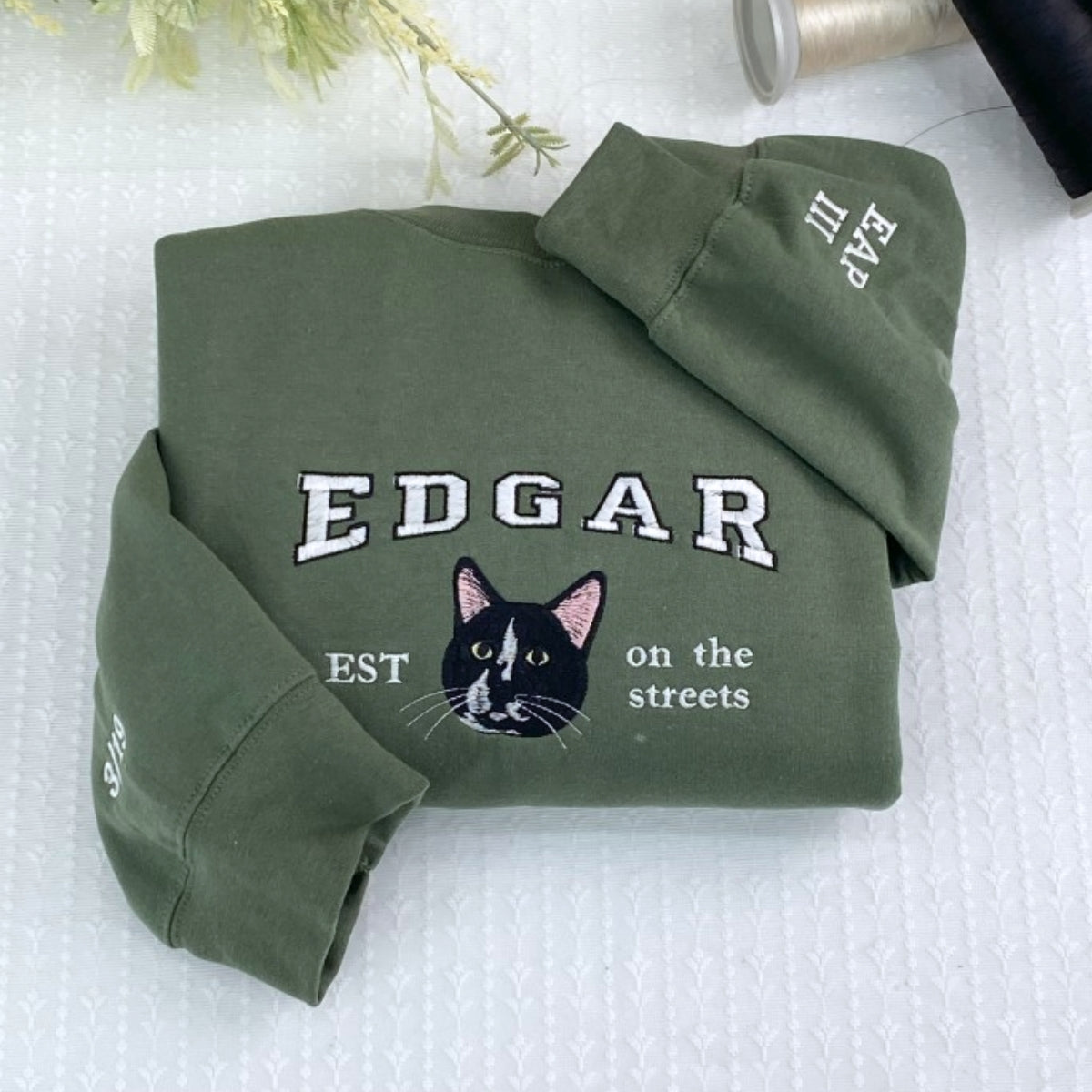Custom Cat Portrait Embroidered Sweatshirt - Personalized Varsity Cat Face Hoodie - Cat Lover Gift