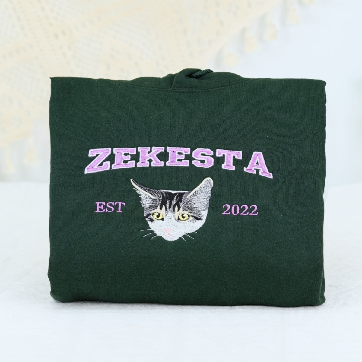 Custom Cat Portrait Embroidered Sweatshirt - Personalized Varsity Cat Face Hoodie - Cat Lover Gift