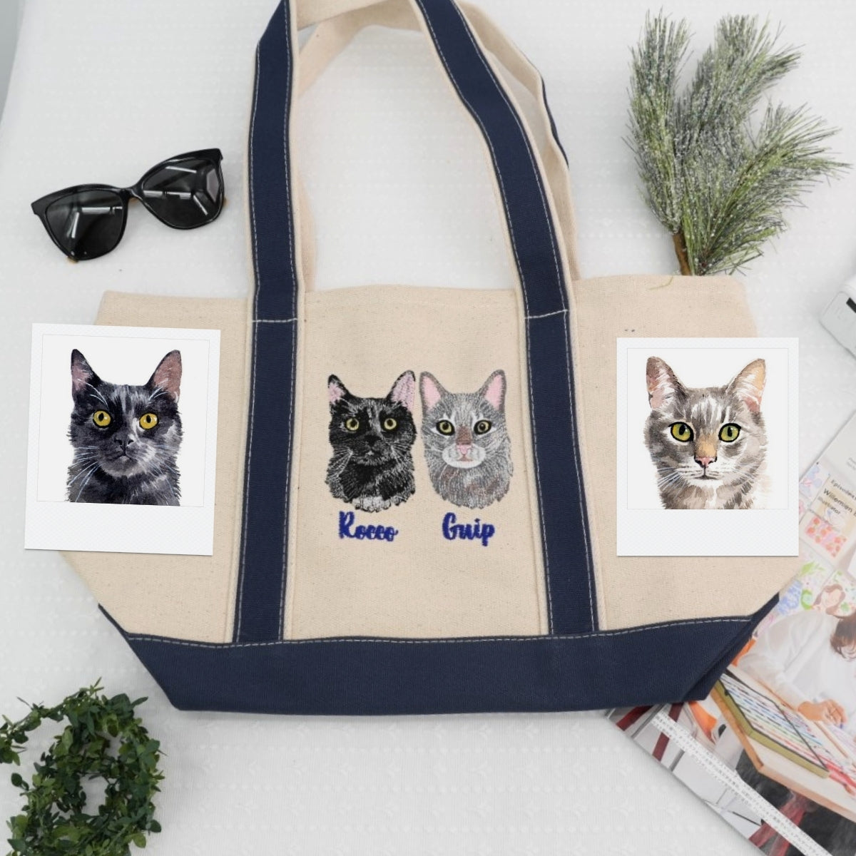 Custom Cat Portrait Embroidered Tote Bag - Dual Pet Face - Personalized Cat Mom Memorial Gift