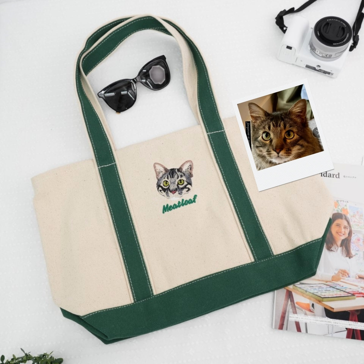 Custom Cat Portrait Embroidered Tote Bag - Dual Pet Face - Personalized Cat Mom Memorial Gift