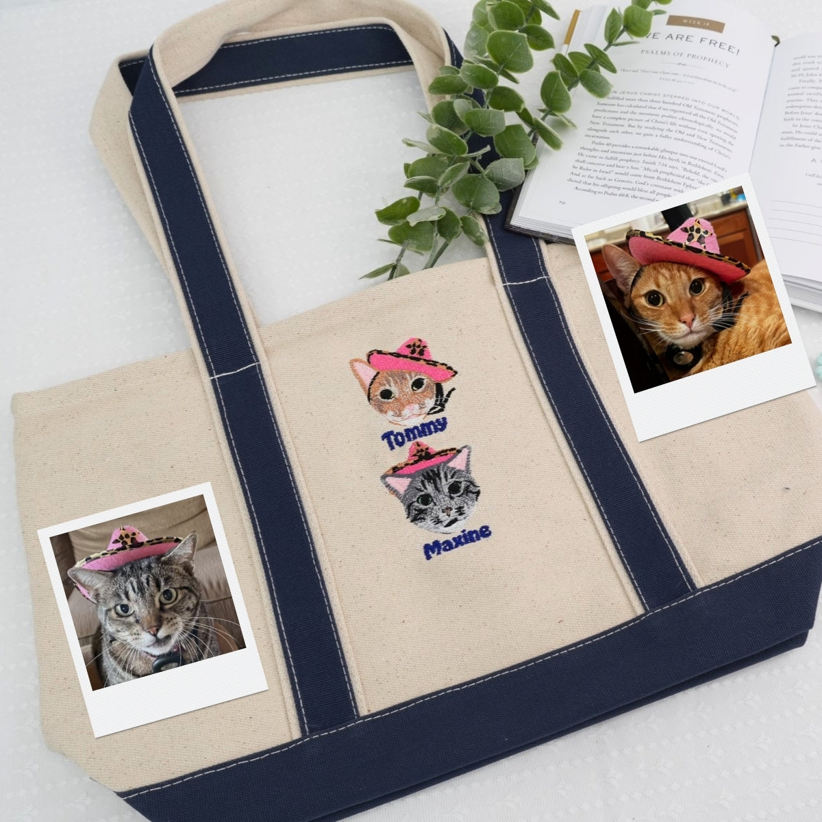 Custom Cat Portrait Embroidered Tote Bag - Dual Pet Face - Personalized Cat Mom Memorial Gift