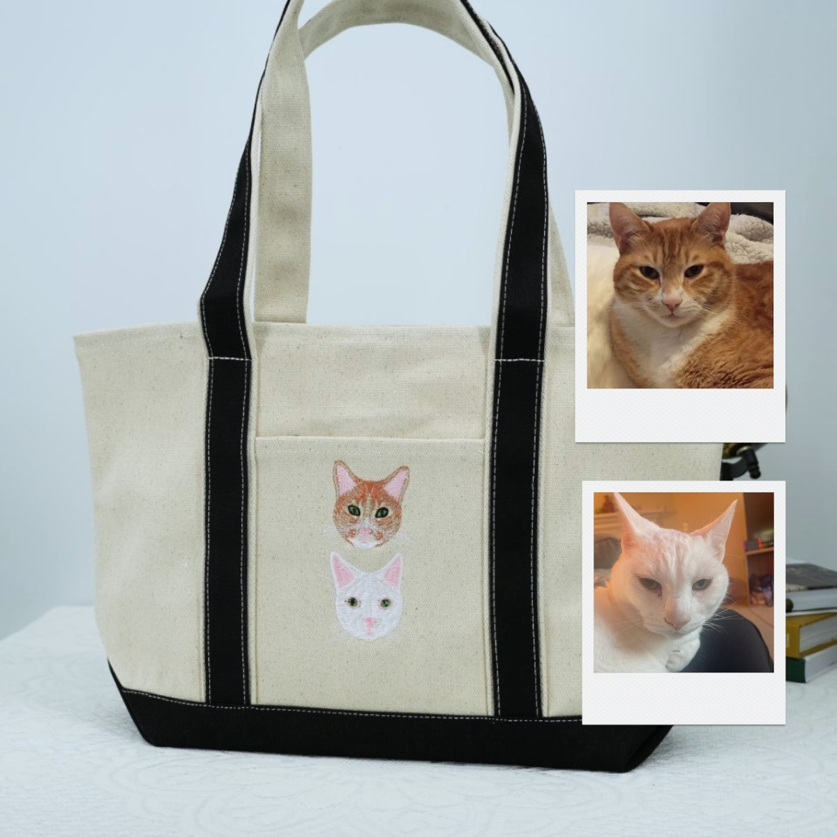 Custom Cat Portrait Embroidered Tote Bag - Dual Pet Face - Personalized Cat Mom Memorial Gift