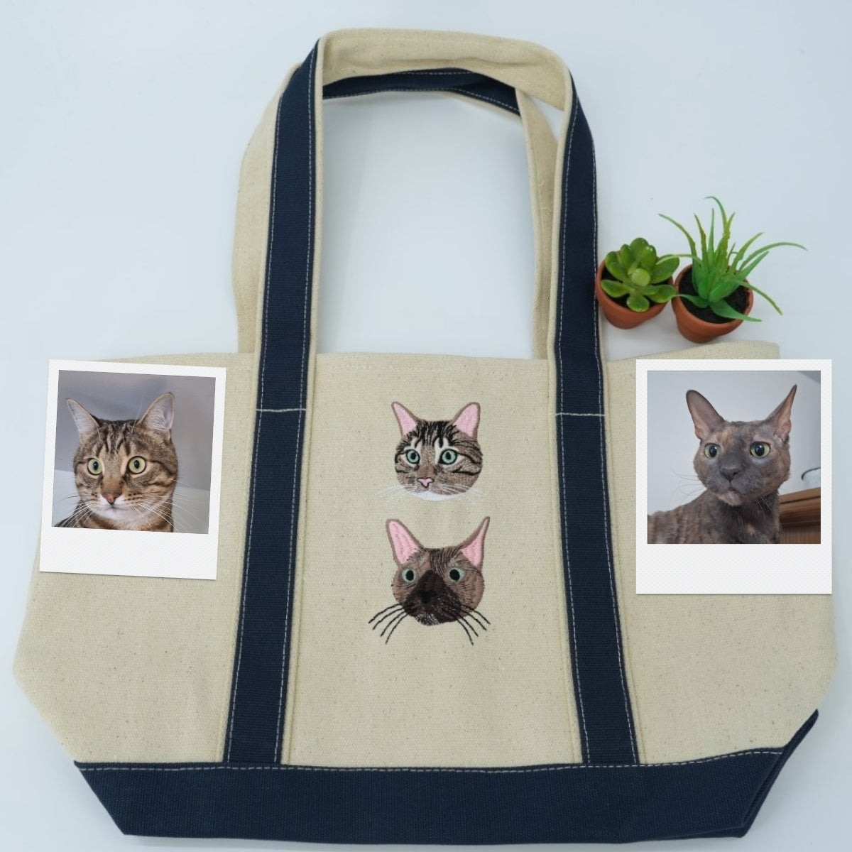Custom Cat Portrait Embroidered Tote Bag - Dual Pet Face - Personalized Cat Mom Memorial Gift