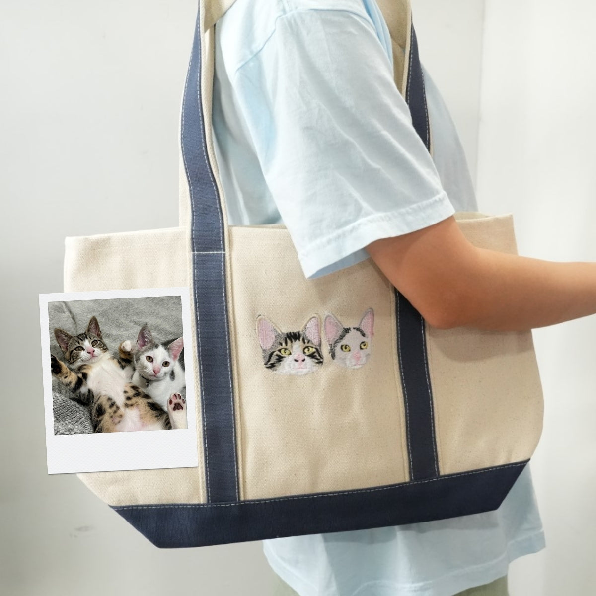 Custom Cat Portrait Embroidered Tote Bag - Dual Pet Face - Personalized Cat Mom Memorial Gift