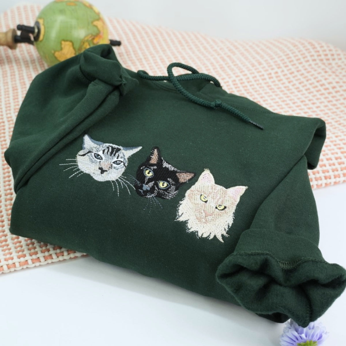 Custom Cat Portrait Embroidered Hoodie - Personalized Multi Pet Sweatshirt - Cat Parent Gift