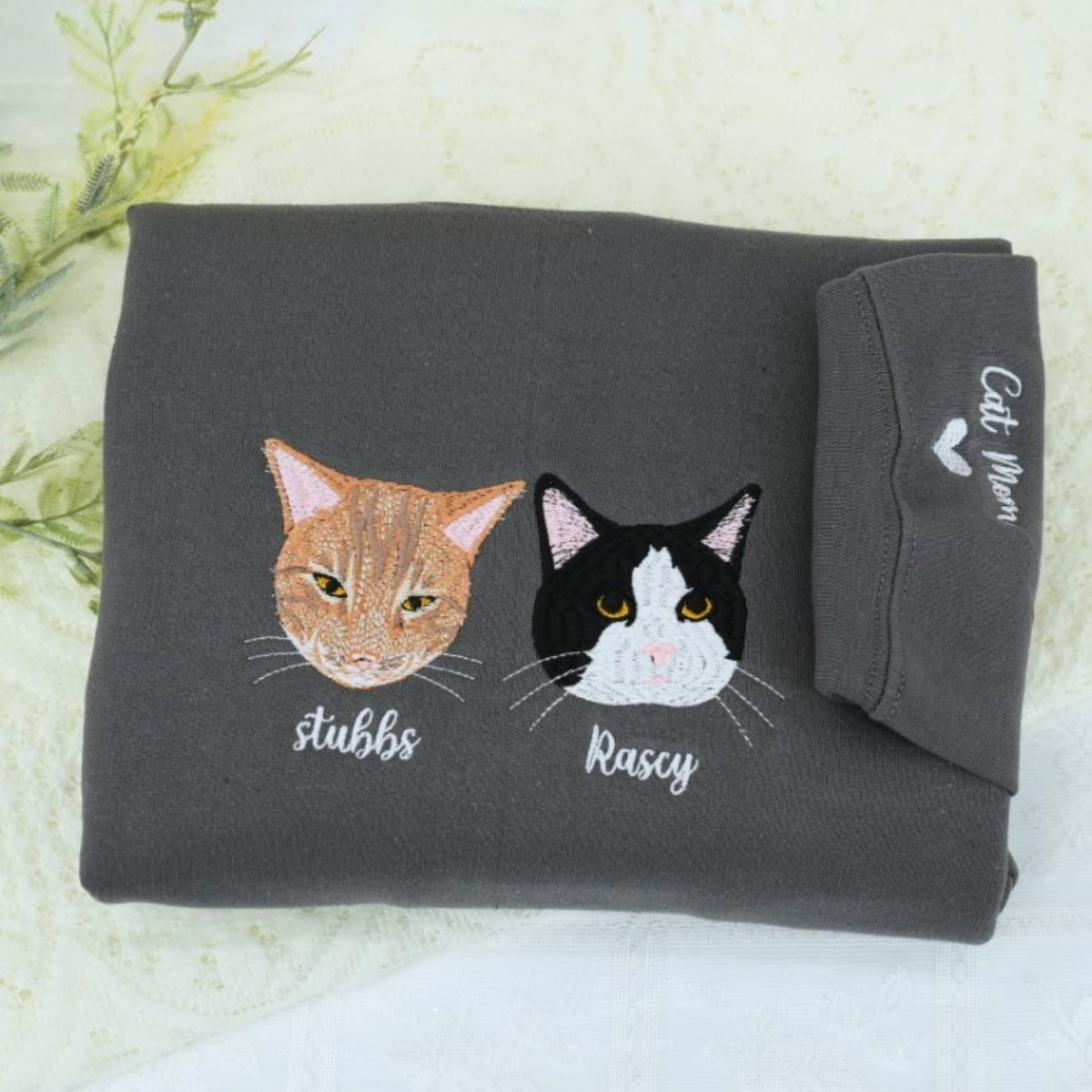 Custom Cat Portrait Embroidered Hoodie - Personalized Multi Pet Sweatshirt - Cat Parent Gift