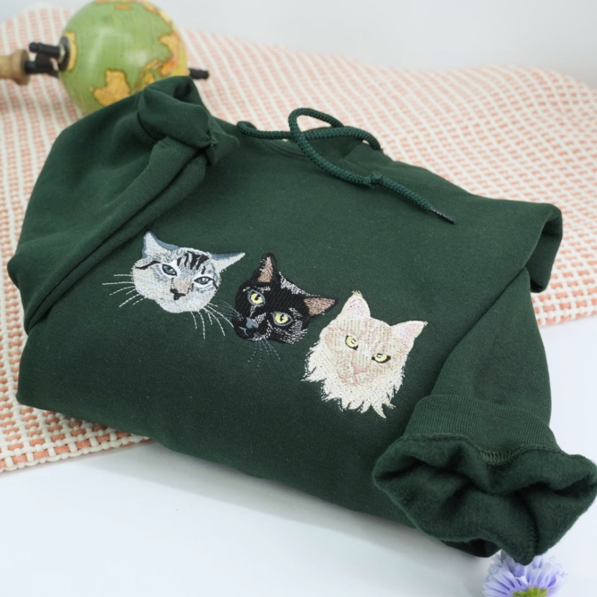 Custom Cat Portrait Embroidered Hoodie - Personalized Cat Face Sweatshirt with Name - Cat Lover Gift