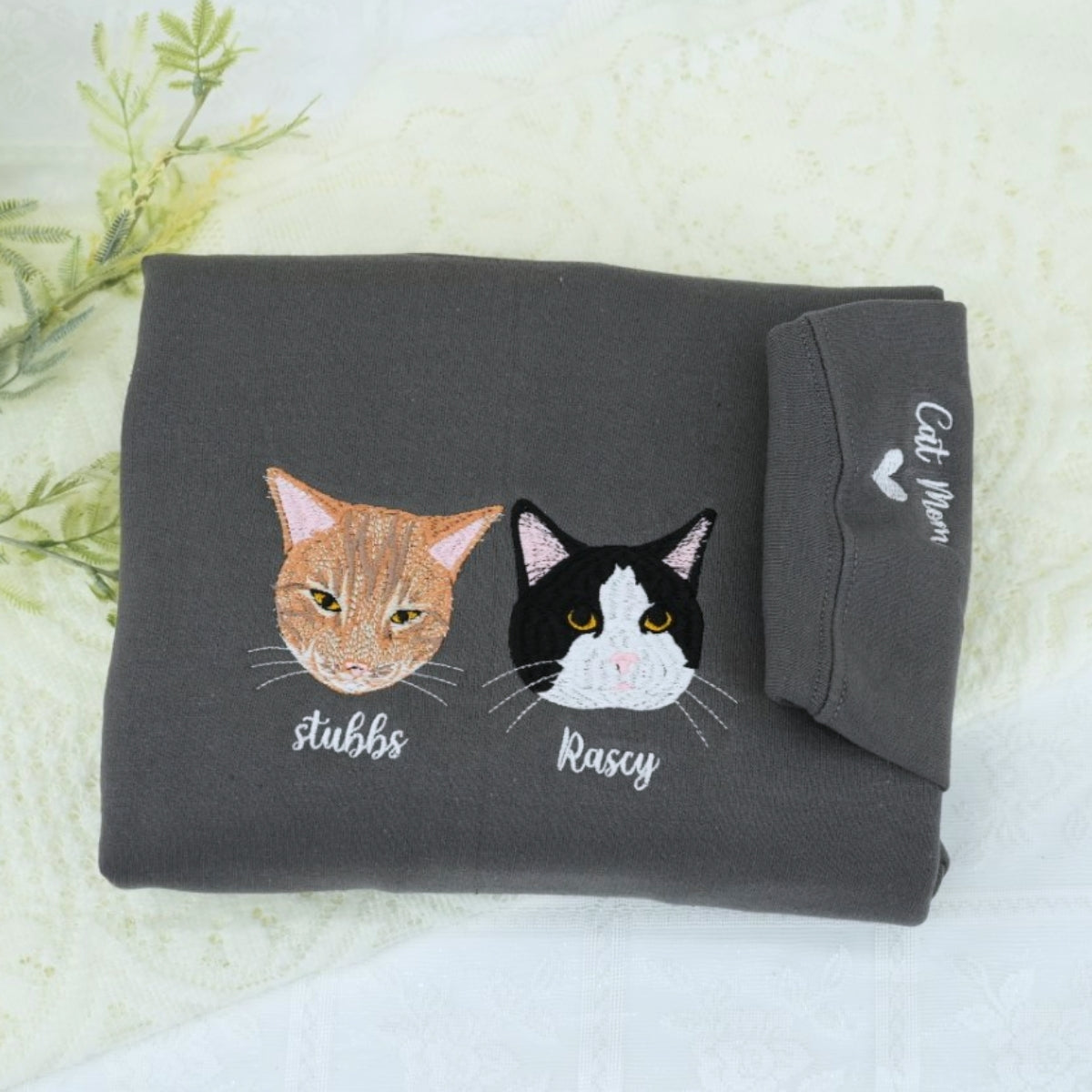 Custom Cat Portrait Embroidered Hoodie - Personalized Cat Face Sweatshirt with Name - Cat Lover Gift