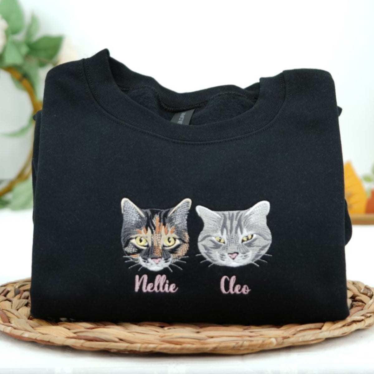 Custom Cat Portrait Embroidered Hoodie - Personalized Cat Face Sweatshirt with Name - Cat Lover Gift