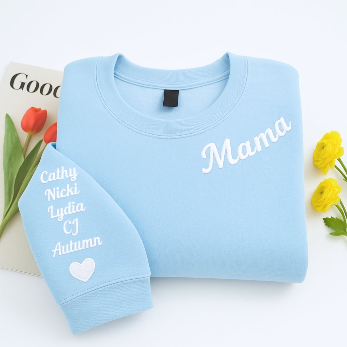 Mama Custom Embroidered Hoodie - Neckline Sweatshirt with Child Name & Heart - Mother's Day Gift