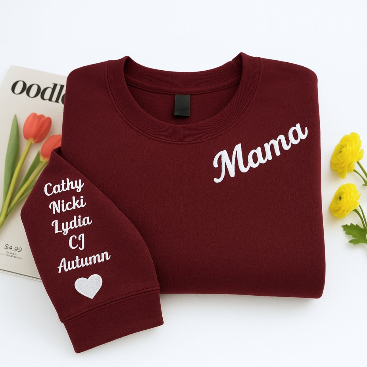 Mama Custom Embroidered Hoodie - Neckline Sweatshirt with Child Name & Heart - Mother's Day Gift