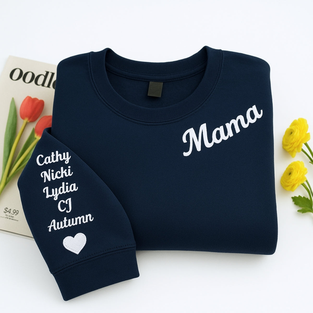 Mama Custom Embroidered Hoodie - Neckline Sweatshirt with Child Name & Heart - Mother's Day Gift