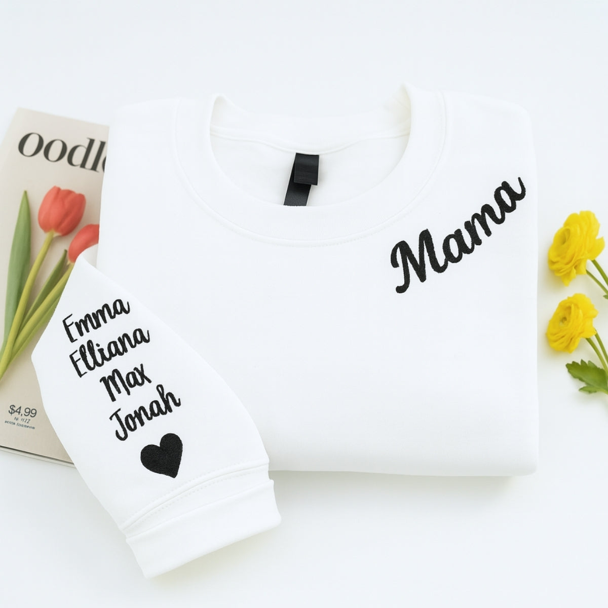 Mama Custom Embroidered Hoodie - Neckline Sweatshirt with Child Name & Heart - Mother's Day Gift